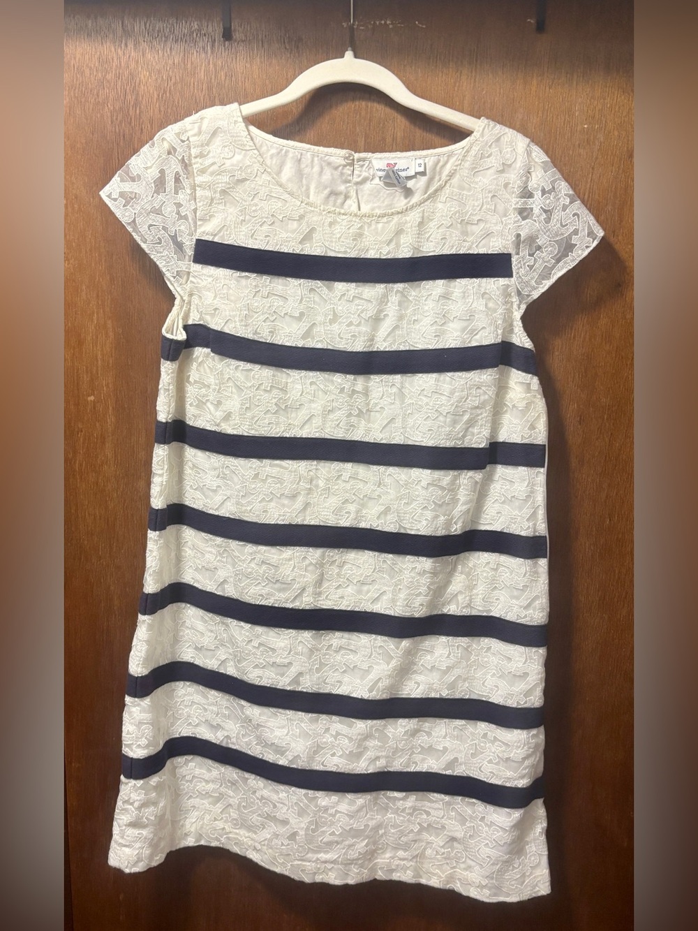 Vineyard Vines White Navy Striped Anchor Lace Cotton Shift Dress Sz 12